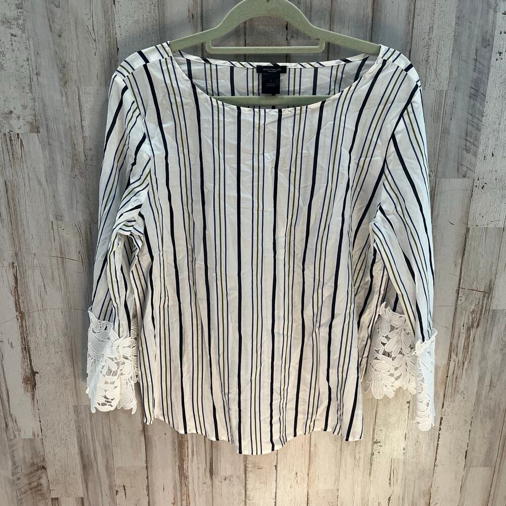 Ann Taylor Factory Women’s Lace Bell Sleeve Striped Blouse Top Size Small